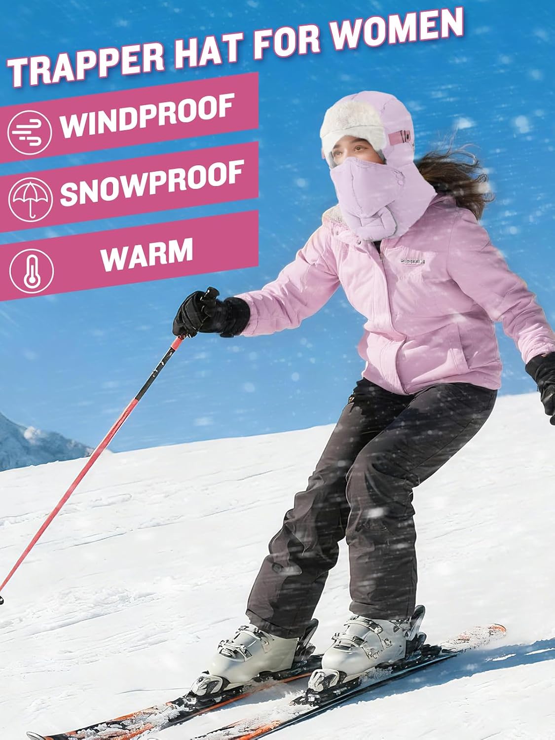 Winter Trapper Hat for Women - Windproof & Waterproof Hat with Removable Mask Goggles Ear Flaps, Purple