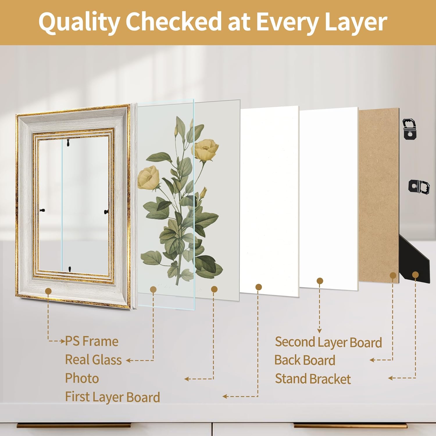 Sapowerntus 8x10 Picture Frame Antique Vintage White Gold Photo Frames Set Wall Hanging Tabletop Display Home Decor Shabby Chic Family Distressed Mother Grandma Elegant Victoria Gift