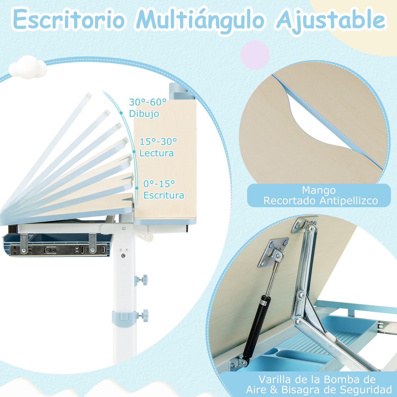 COSTWAY Escritorio de Estudio para Niños, Mesa de Escritura Juvenil de Altura Ajustable con Tablero Inclinable, Aparador, Cajón, Bandeja, Portalápices y Regla de Escala para Niños de 3-12 Años (Azul)