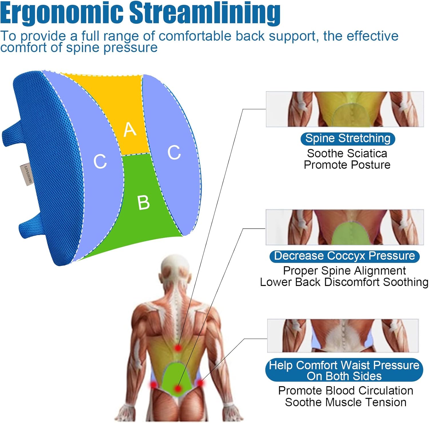 Lumbar Pillow for Chair and Car, Back Support for Office, Memory Foam Cushion with Mesh Cover - Black