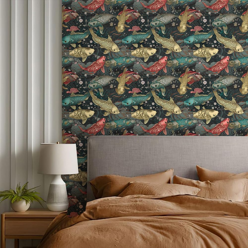 REDAMANCY Dark Classical Underwater Fish Abstract Peel and Stick Wallpaper Vintage Wall Paper Stick on Contact Paper Easy Peel Off for Bedroom nightstand Drawer Renter Friendly 17.7"x236"