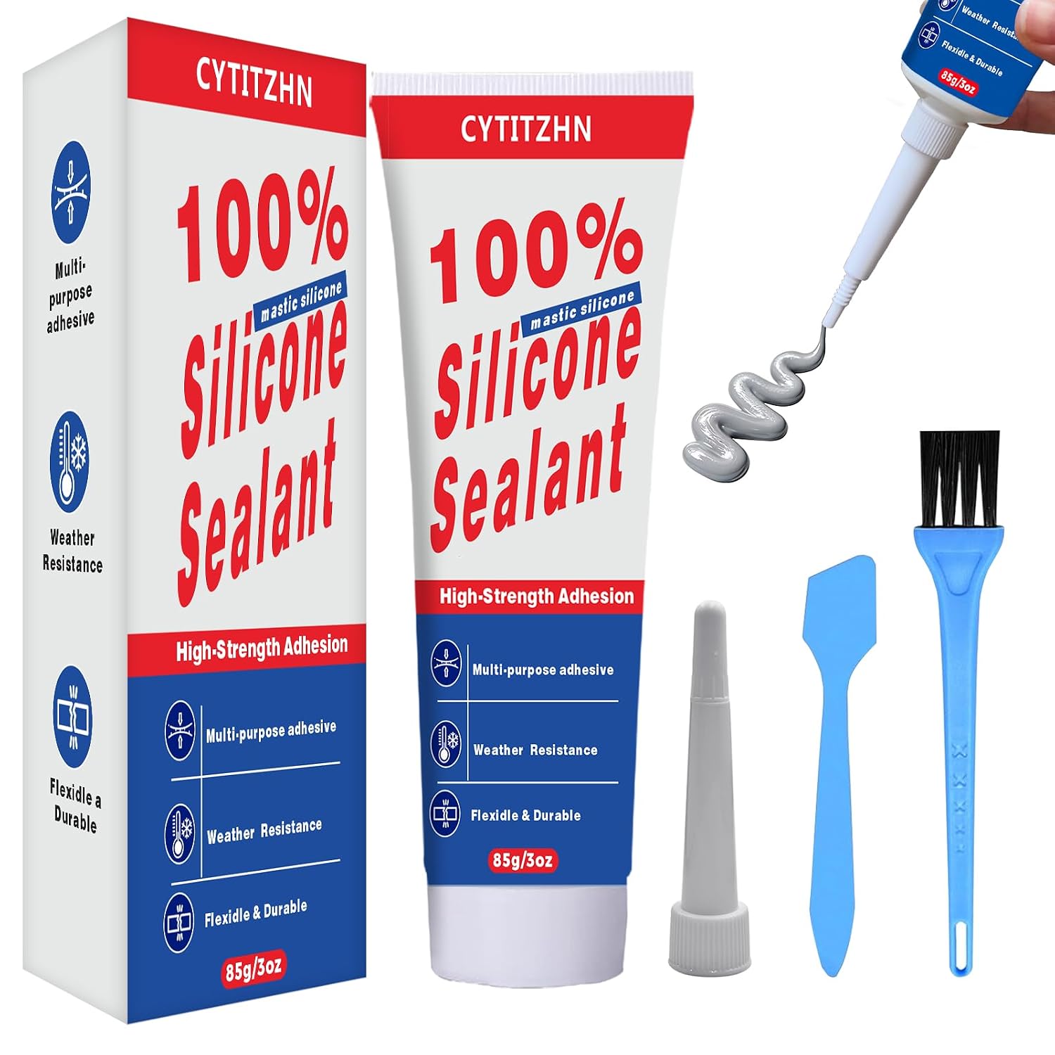 No Caulking Gun Needed – 100% Waterproof & Flexible Silicone Caulk, High-Strength, Weather Resistant, Multipurpose for Auto/Home/Kitchen/Bath/Window – Crack Proof (Grey, 85g/3oz)