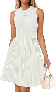 Women's Summer Sleeveless Mini Dress 2025 Crewneck Knit A Line Pleated Swing Casual Basic Short Dress