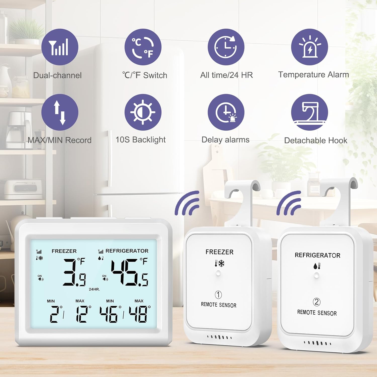 Digital Refrigerator Thermometer - 3.7 inch LCD Backlight Freezer Thermometer with 2 Sensors, Digital Fridge and Freezer Thermometer with Alarm, Max/Min Records, for Homes Restaurants Cellars