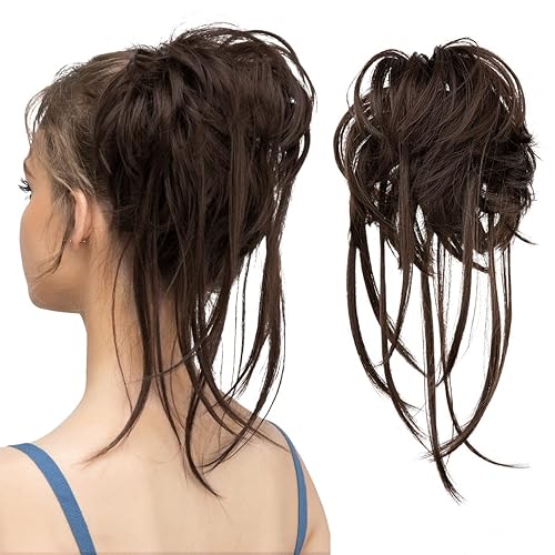 CJL HAIR Extensiones de cabello rizado con cola de caballo desordenada, coleteros sintéticos, coleteros para mujer, color marrón oscuro