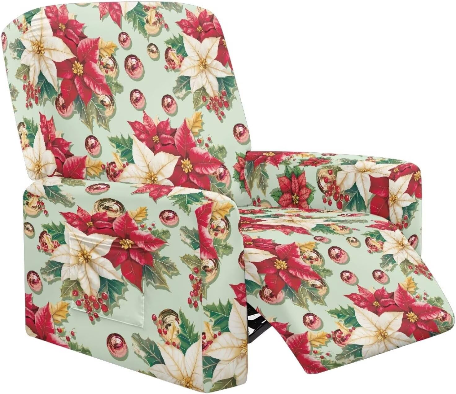 Chrisrmas Lazy Boy Recliner Slipcovers Xmas Poinsettia Single Seater Recliner Sofa Cover 4 Piece Light Green Couch Slipcover Stretchable