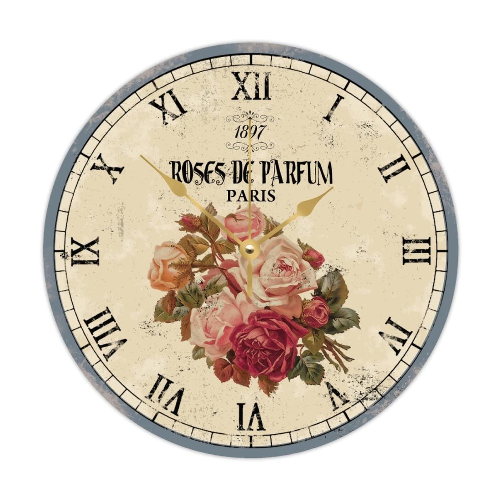 Horloge murale vintage en bois fleurie de 38cm à piles pour cuisine