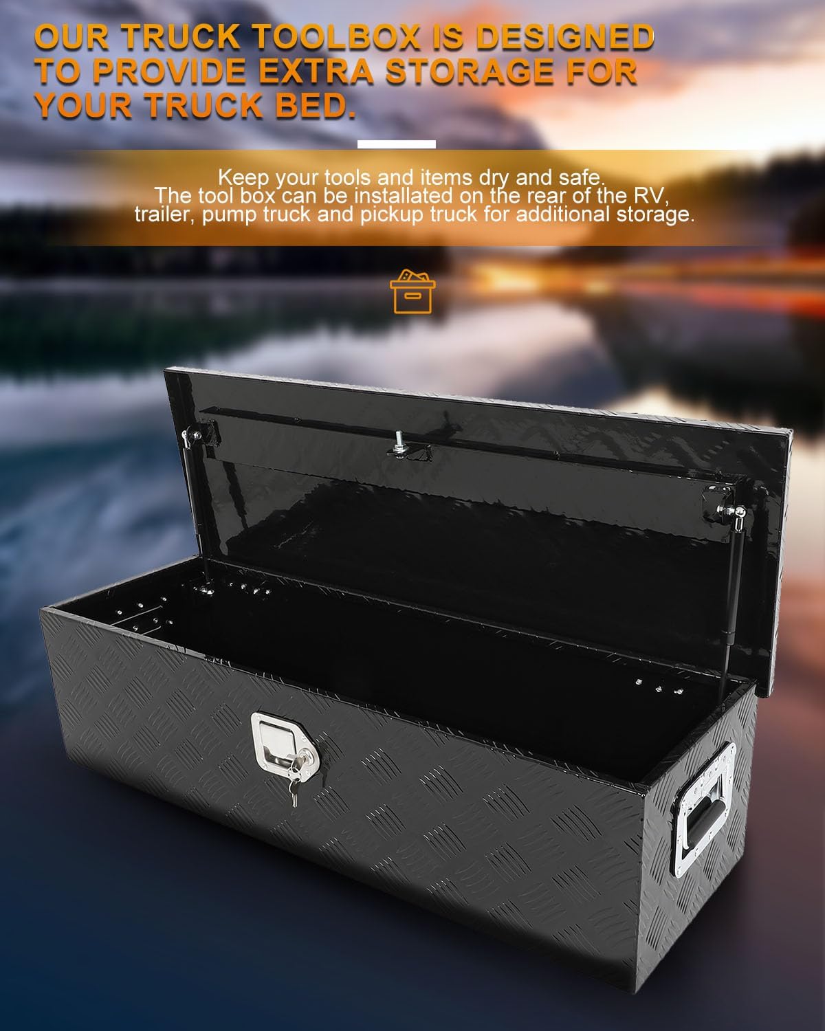 ROADFAR 39inch Black Square Heavy Duty Aluminum Truck Bed Tool Box Chest Box Aluminum Trailer Tongue Box Chest Storage Organizer for Pick Up Truck Bed RV Trailer Tool Box with Lock and Keys