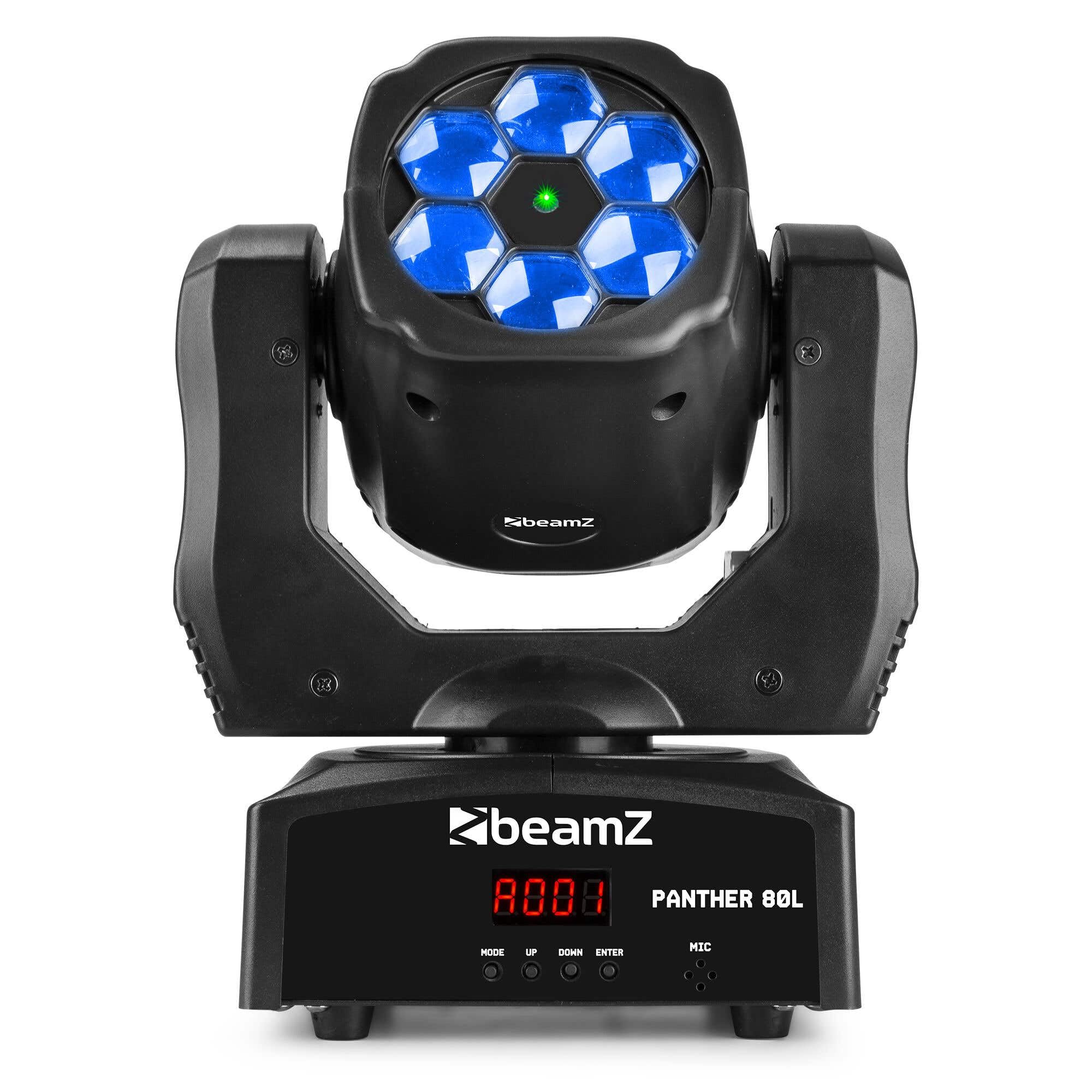 BeamZ Panther80L Bee Eye Moving Head 6×12 W RGBW LEDs, Rotierende Linse, Grüner Pattern Effekt, 540° Pan, 180° Tilt, DMX Soundsteuerung, inkl. Fernbedienung, Kompakt Wash Lichtshow