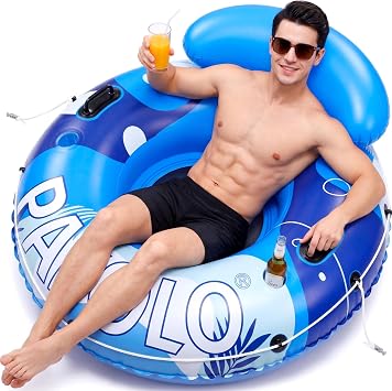 River Tubes for Floating Heavy Duty, 53" Inflatable Pool Floats Adult, Water Tube with Mesh Seat, Full Support Headrest, 2 Cup Holder, 450lb Capacity - Ideal for Pool, River, Lake Float