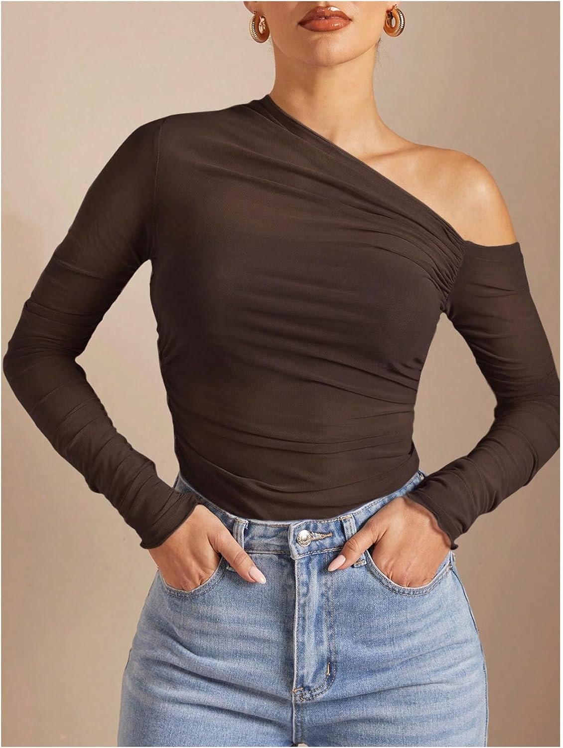 SHENHE Women's Sheer Mesh Long Sleeve Tshirt Sexy Off Shoulder Tops Going Out See Through Shirts - Image 3