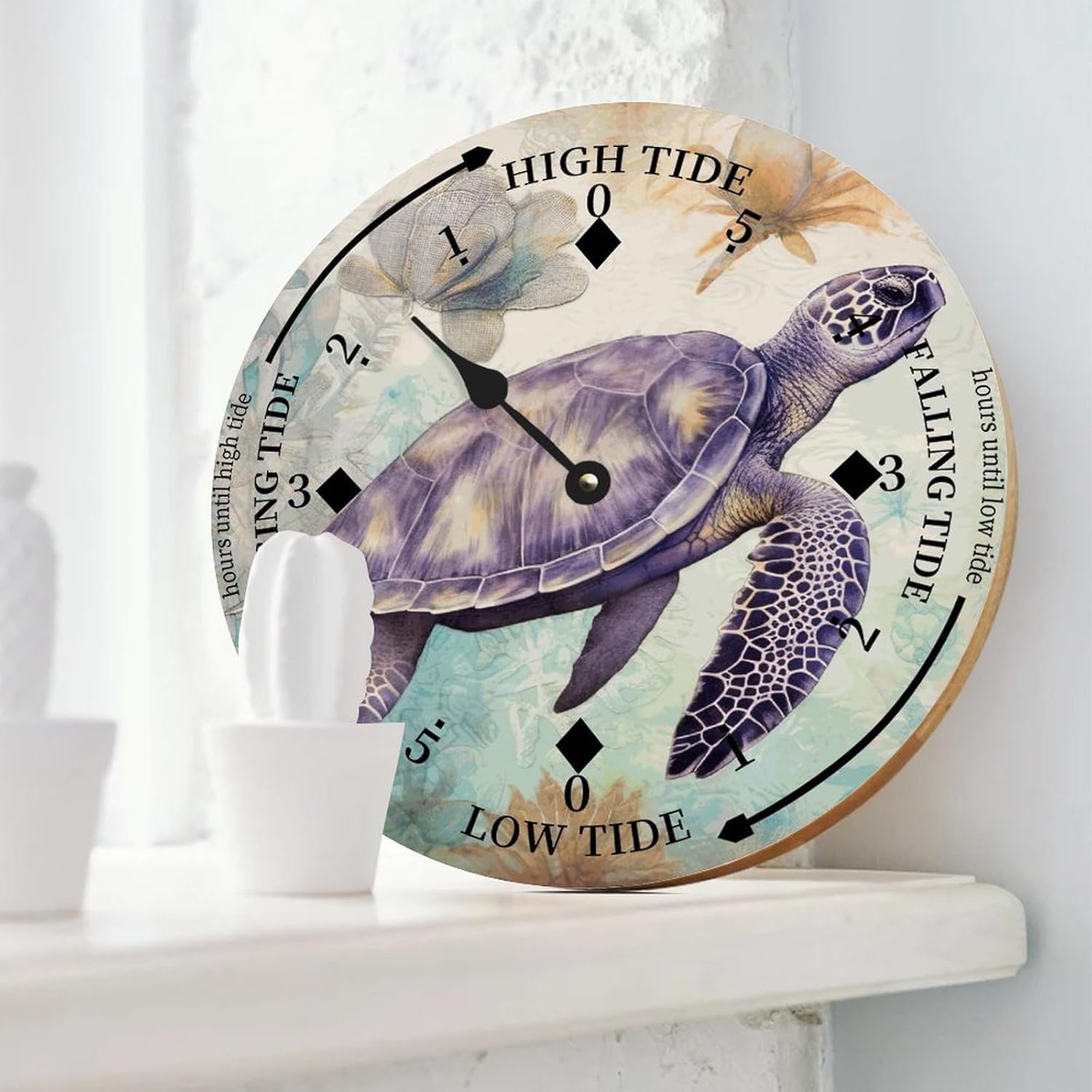 Rustic Wood Tide Clock Sea Turtle Ocean Time Rustic Wooden Clock Wood Moon Tidal Clock for Wall High and Low Tide Movement Clock for Seaside House Cottage Hotel Camping 15x15 in