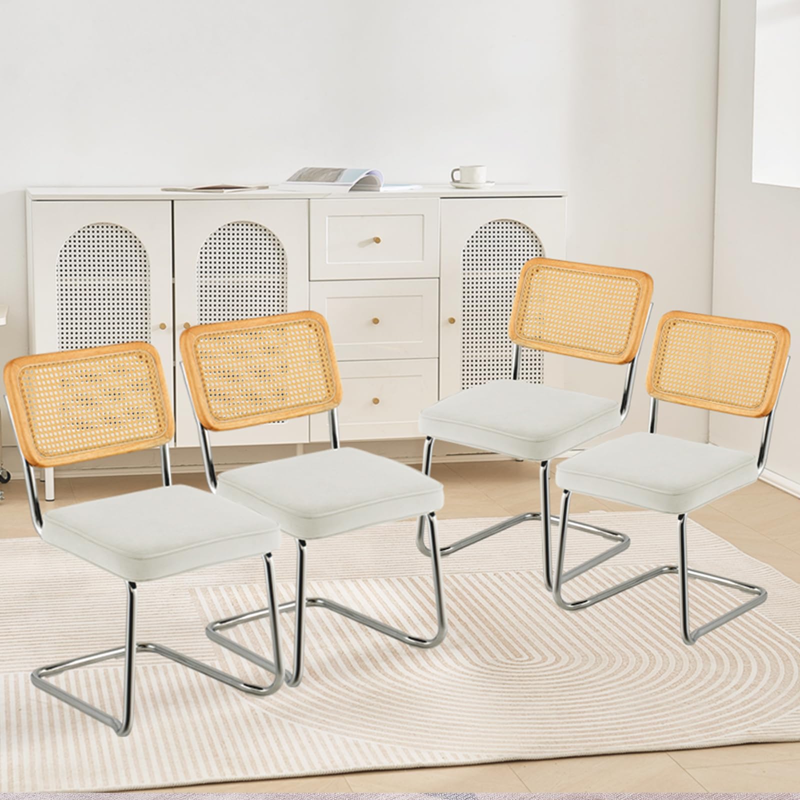 VEVOR Chaises en rotin, Lot de 4, chaises de Salle à Manger Modernes du Milieu du siècle, Chaise d'appoint en Velours tapissée avec Dossier en rotin, Chaise rétro pour Salon, Chambre, Bureau, Blanc