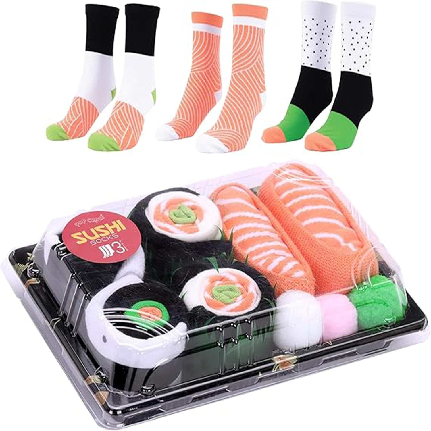 Unisex Adults 3 Pairs Rainbow Sushi Socks Box, Funny Food Socks, One Size Fits Most, Multicolor, Tube Socks