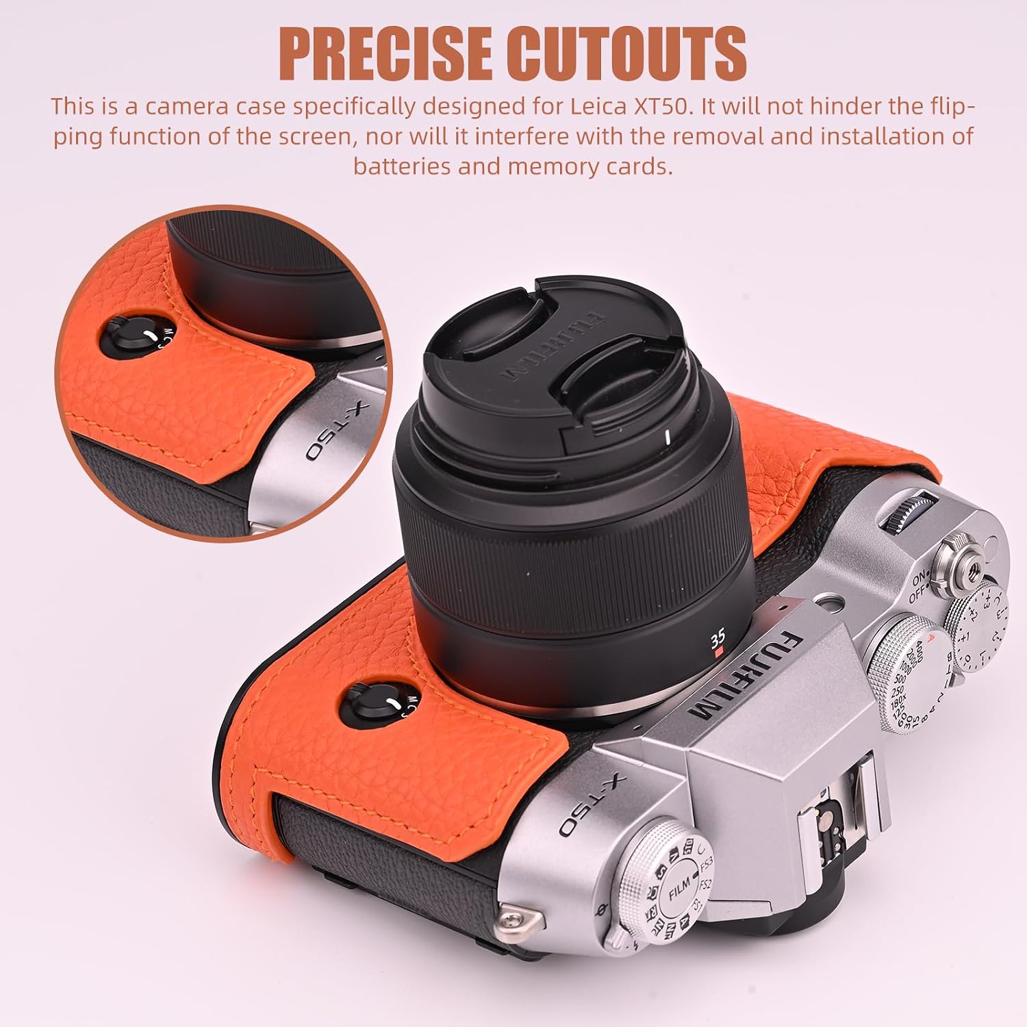 Handmade Genuine Leather Camera Half Case for Fujifilm X-T50/Fujifilm X-T50 Camera Case/Fujifilm X-T50 Case - Top Layer Cowhide Body + Metal Base Plate (Orange)