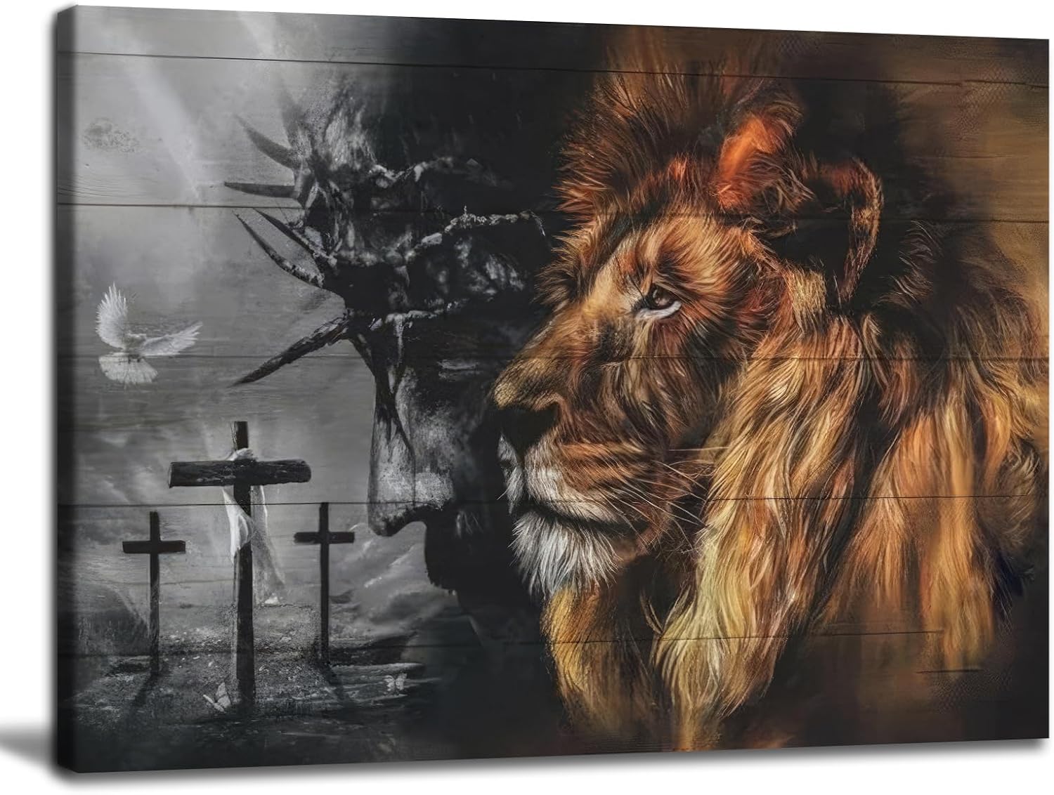 Jesus and Lion Canvas Wall Art Christian God Wall Decor Judas and Lion Cross Dove of Peace Painting Prints Cathedral Black and White Religious Christianity Church Inspiring Posters Pictures Framed