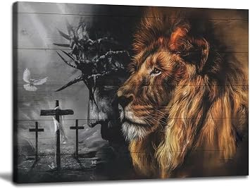 Jesus and Lion Canvas Wall Art Christian God Wall Decor Judas and Lion Cross Dove of Peace Painting Prints Cathedral Black and White Religious Christianity Church Inspiring Posters Pictures Framed