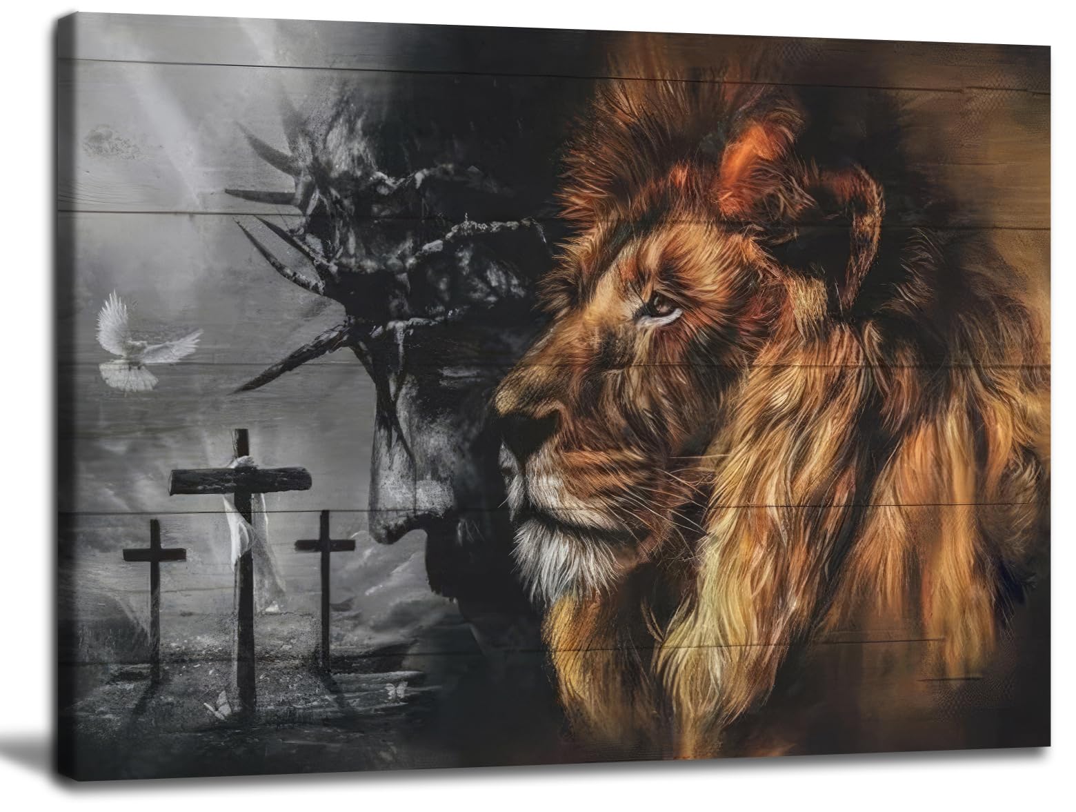 Jesus and Lion Canvas Wall Art Christian God Wall Decor Judas and Lion Cross Dove of Peace Painting Prints Cathedral Black and White Religious Christianity Church Inspiring Posters Pictures Framed