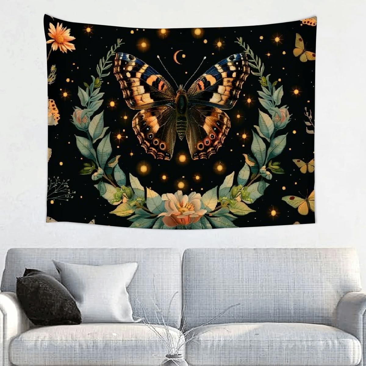 KANXLAN Butterfly Stars Crescent Wall Tapestry Art, 100% Polyester Decorative Blanket for Living Room Bedroom Dorm, Versatile Wall Hanging 40 * 30in