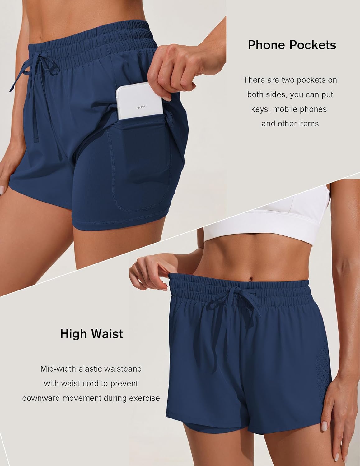 PINSPARK Women's Navy Running Shorts Quick Dry 5" Active Shorts Gym Workout Shorts 2 in 1 Volleyball Shorts with Pockets L - Image 3