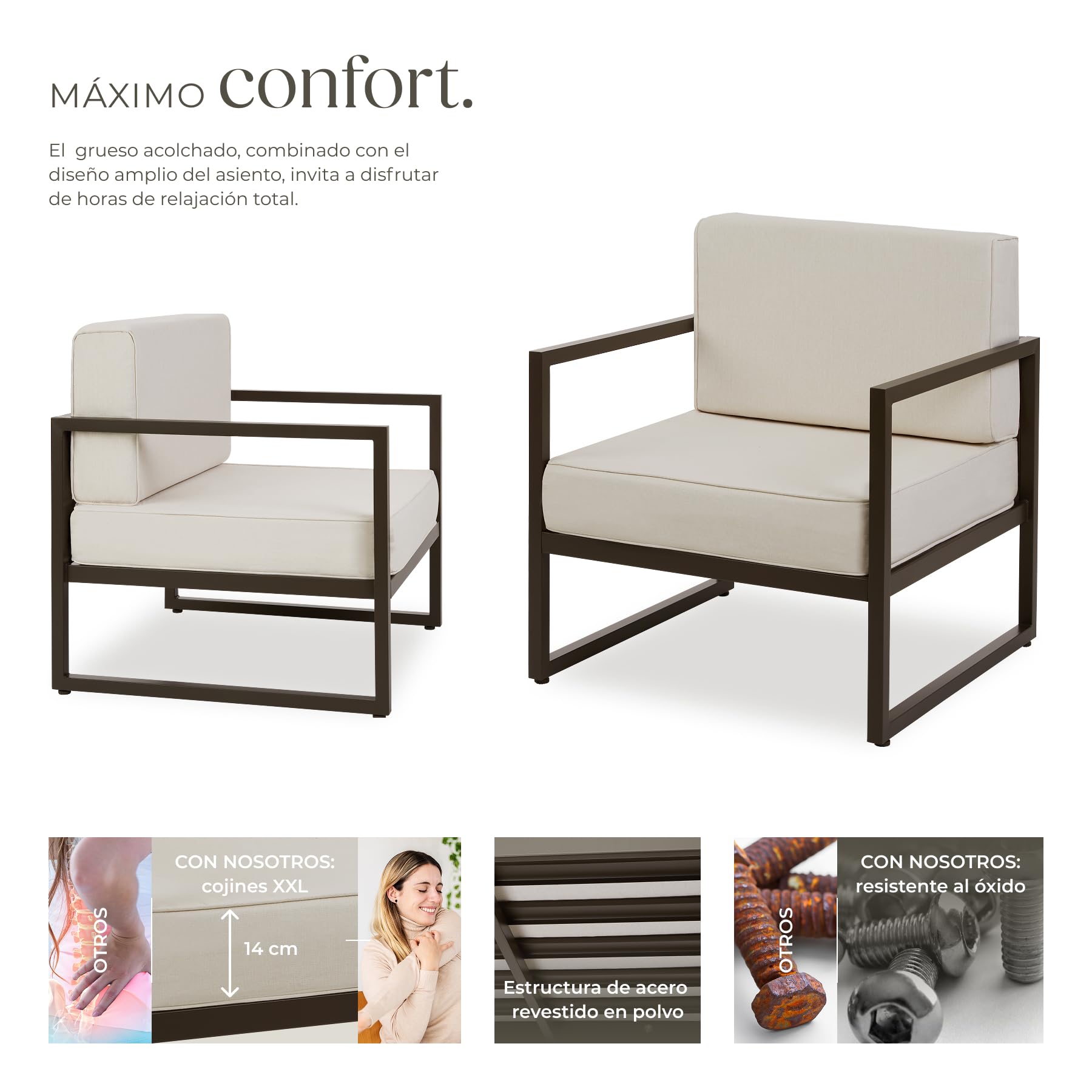 tectake® Conjunto Jardín Exterior de Acero, Sillones Terraza con Acolchado Grueso, Sillas Jardín con Pies Ajustables, Muebles Jardín Exterior, Fundas Repelentes al Agua, Sofás para Jardín - 2 plazas