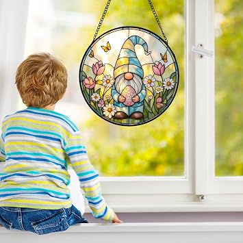 Gnome Stained Glass Window Hanging Suncatcher, Spring Gnome Sun Catcher with Easter Egg & Tulips, Stained Glass Home Decor Easter Gift for Women Mother Gardeners E0303 (6.3'')