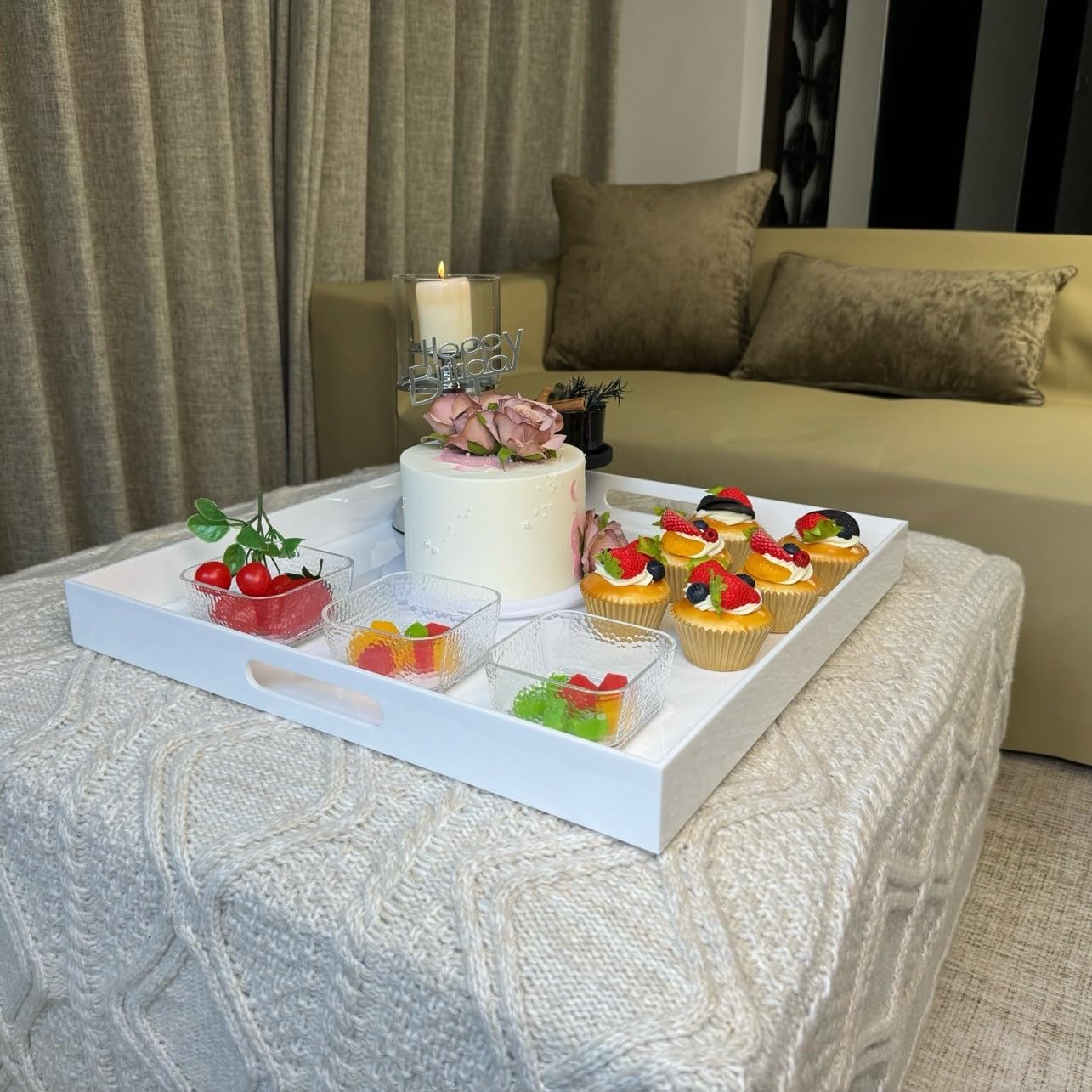 White Acrylic Large Ottoman Tray with Handles 18"x18"x2" Spill Proof Serving Tray Rubber Boot Organizer Tray Decorative for Living Room Bedroom Kitchen Entryway Coffee Table Countertop - Image 3