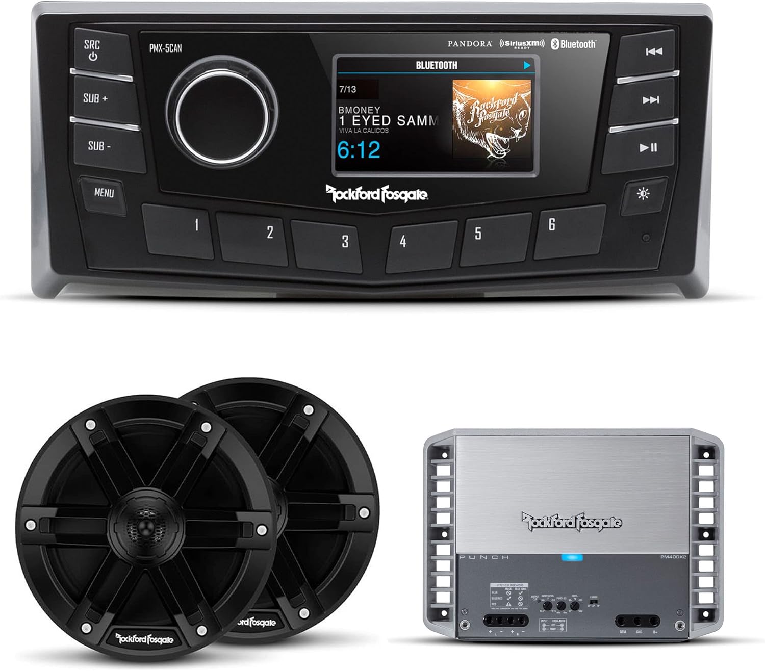 Rockford PMX-5CAN 2.7” Marine Ipx6 Color Media Receiver, Nmea 2000 with a PM400X4 4 Channel Marine Amplifier - 50x4 @ 4-Ohm & 2 Pairs of M0-65B 6.5” Marine 2-Way System, Black Grilles Included