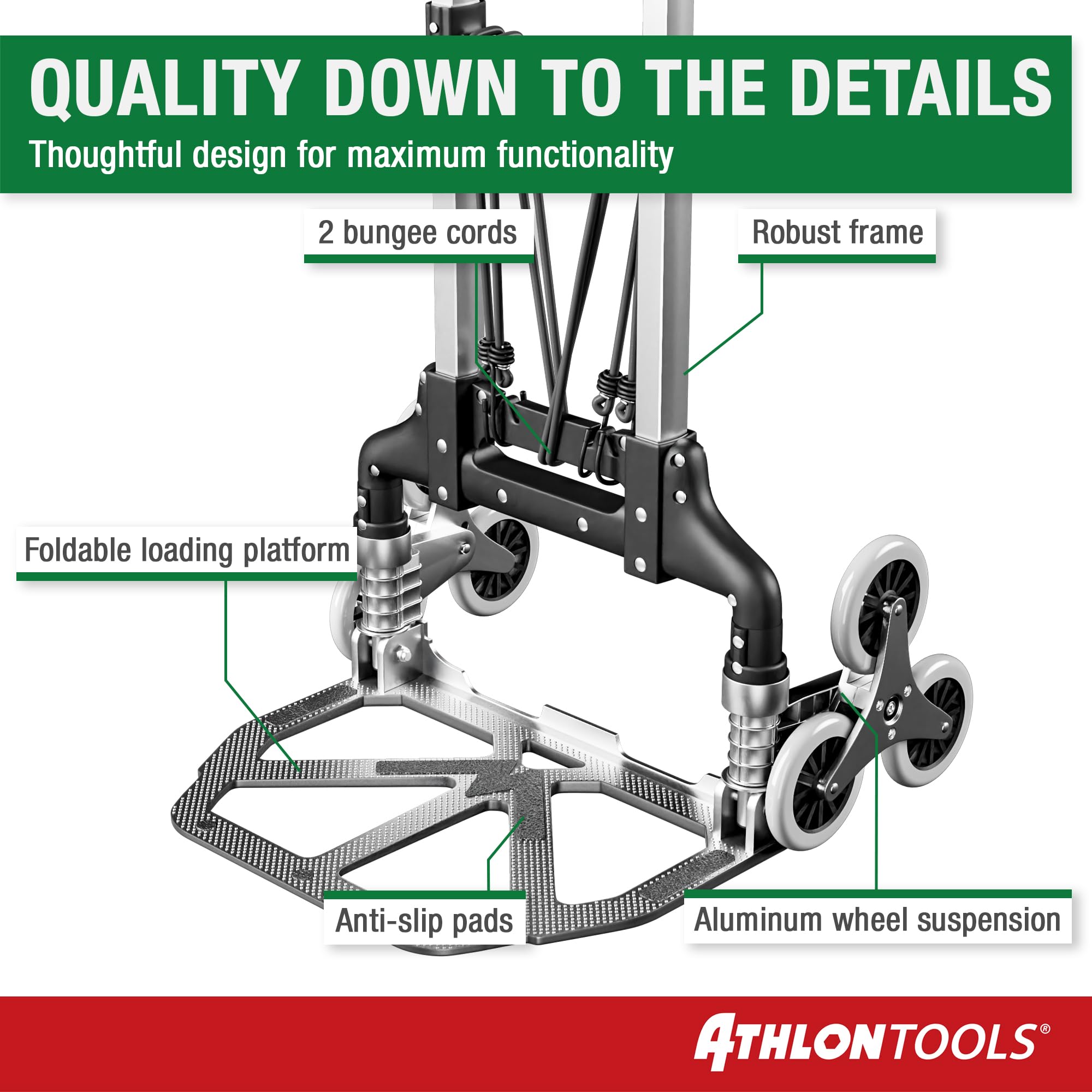 ATHLON TOOLS Aluminiowy wózek transportowy, składany, bardzo długi uchwyt 110 cm, TÜV GS-getest powierzchnia ładunkowa z antypoślizgowymi podkładkami, model 2025