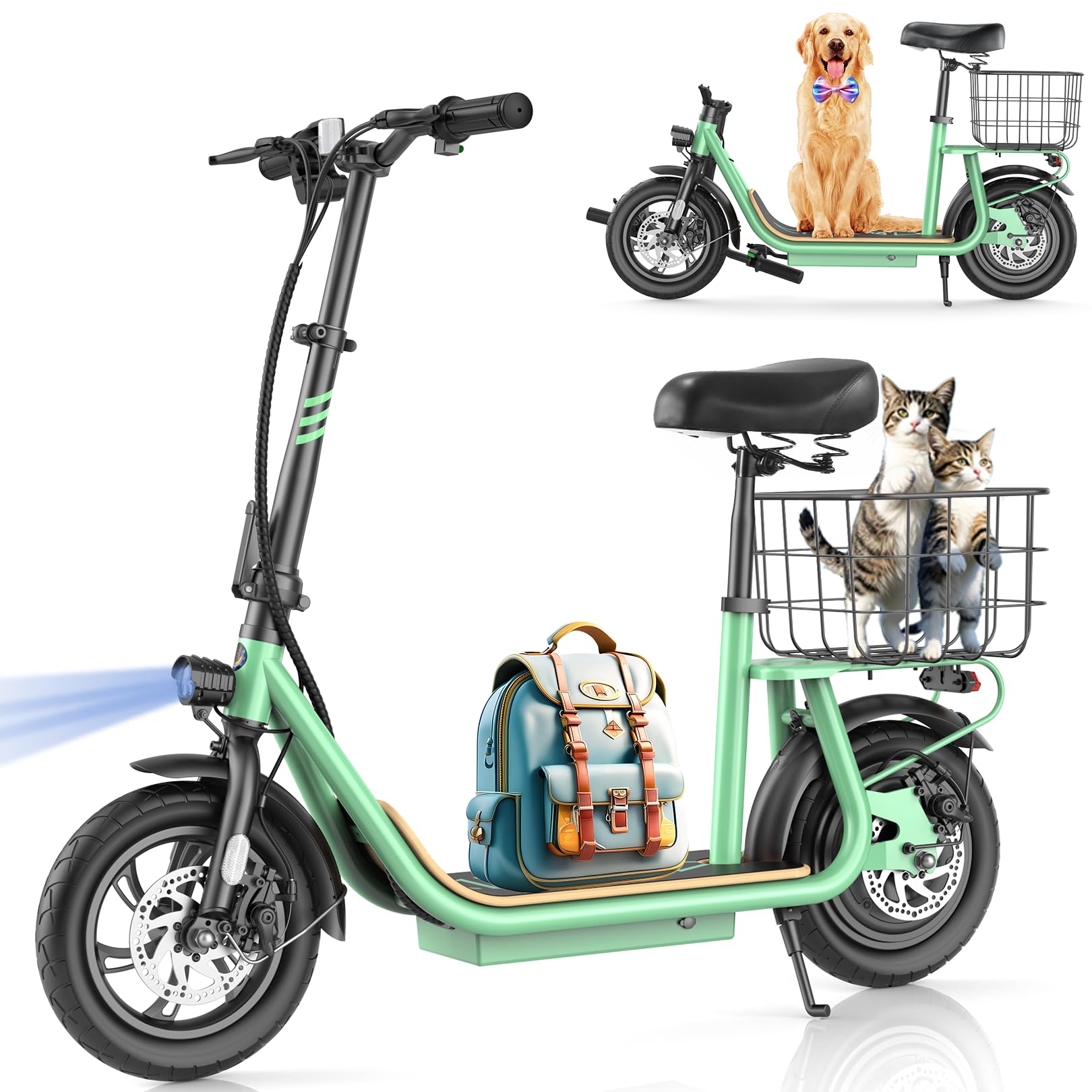 CaromaPeak 1200W Electric Scooter with Seat, 500Wh Battery up to 30 Miles&20MPH, Foldable Adult Electric Scooter for Commuting with Carry Basket & Height Adjustable Seat, Dual Disc Brakes