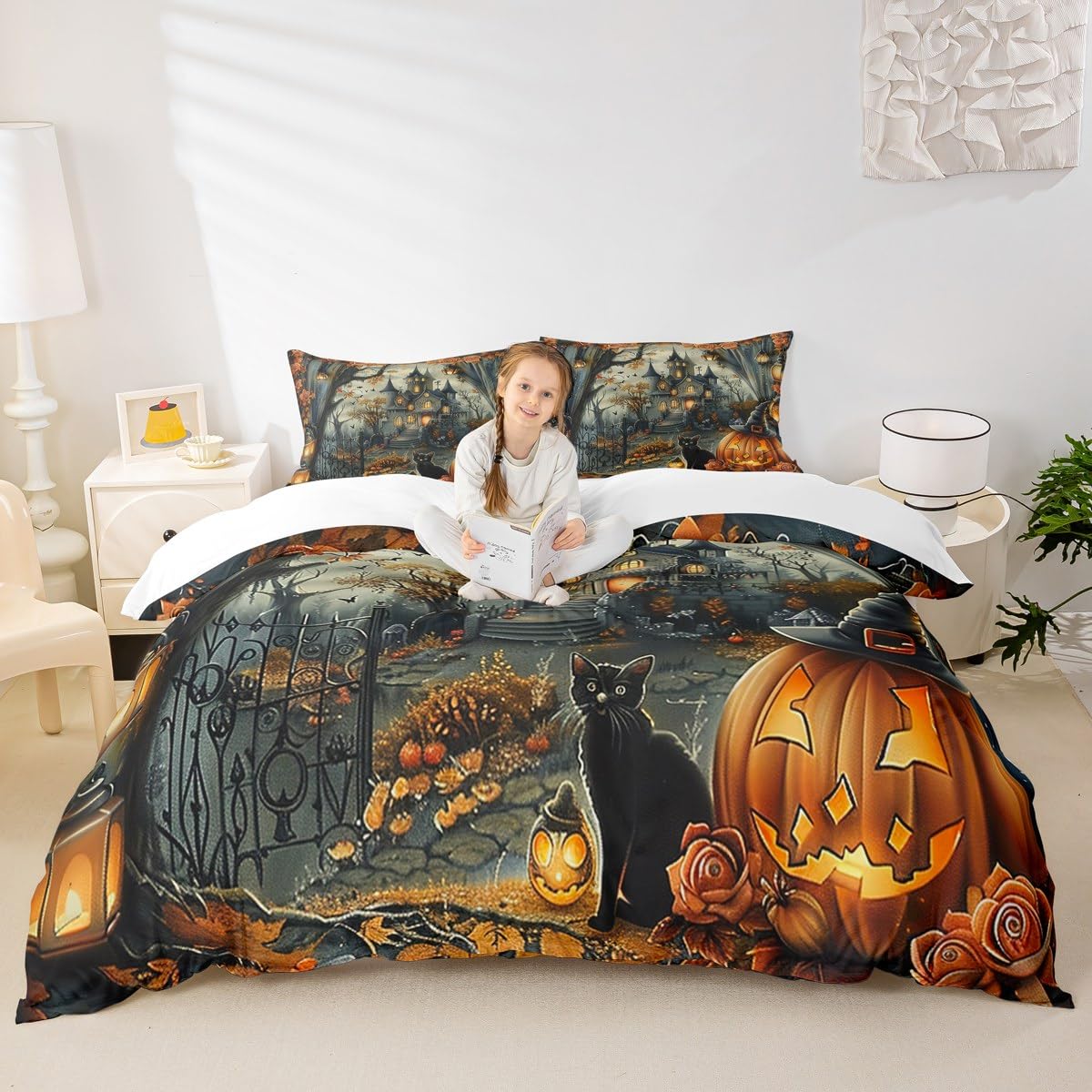 Parure de lit Halloween motif citrouille noire housse de couette enfant fille garçon