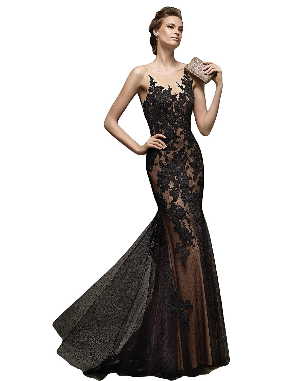 Elegante cuello Sheer vestidos de fiesta vestido de noche encaje sirena vestidos de fiesta