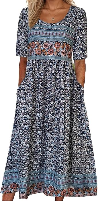 Womens Boho Floral Maxi Dress Casual Boho 2026 Summer Short Sleeve Beach Dresses with Pockets