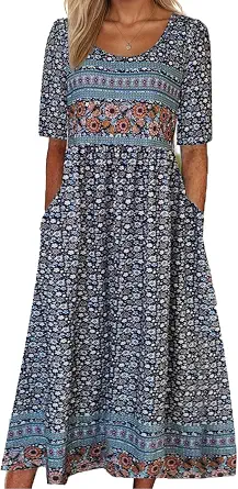 Women's Boho Floral Maxi Dress Casual Summer Short Sleeve Beach Dresses with Pockets