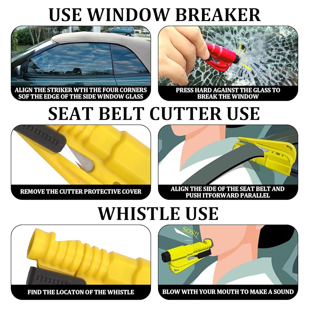 ZORVUJI Kit Emergenza Auto 3 In 1 - Rompivetro, Taglia Cintura, Fischietto - Salvavita Per Incidenti (Giallo/Rosso) - Foto 3