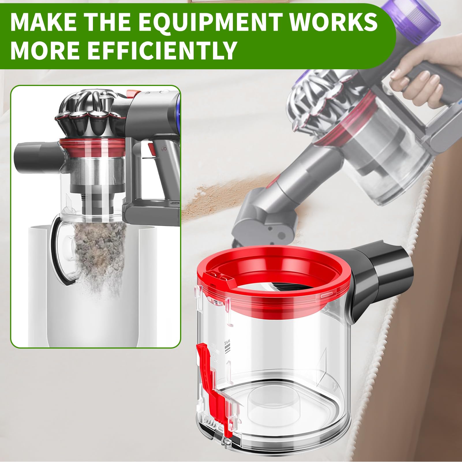 Contenitore Inferiore per Dyson V7 V8 SV10 SV11, Contenitore per la Polvere Trasparente e di Alta Qualità, Include 2 Pre Filtri, 2 Post Filtri e 1 Spazzola di Pulizia