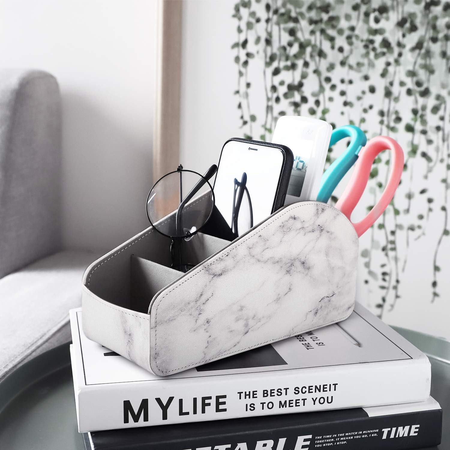 MoKo Remote Control Holder, Leather TV Remote Organizer Remote Caddy Desktop Organizer 5 Compartments for Remote Controllers, Office Supplies, Media Accessory Storage & Organizer - Marble White
