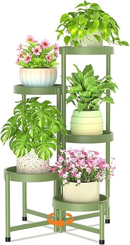 Miniatura 16 de LASZOLA Soporte de plantas plegable de 5 niveles para interiores para múltiples macetas grandes, estante ajustable alto y resistente con estanterías