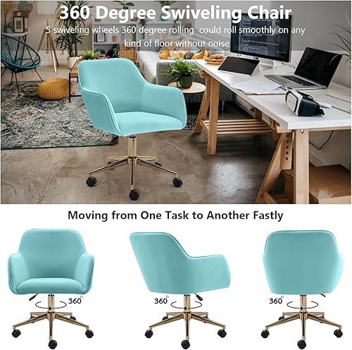 Miniatura 5 de Hommoo Silla decorativa de escritorio con ruedas y brazos, silla de trabajo ajustable de tela de terciopelo para el hogar, dormitorio, oficina,