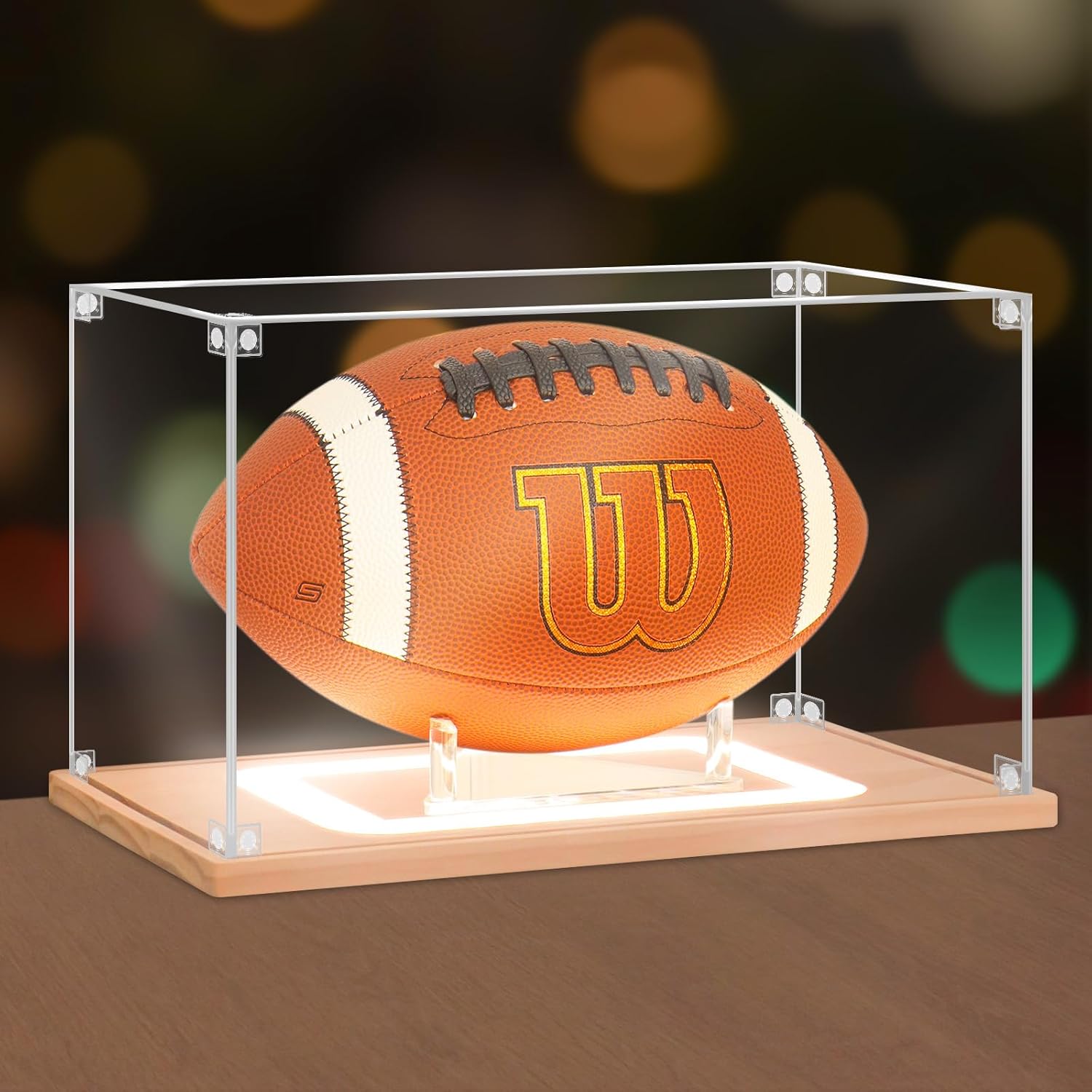 NONEMEY Football Display Case with Light, UV Protected Acrylic Football Box Full Size with Wood Base, Football Display for Autographed Ball Memorabilia Football Gifts
