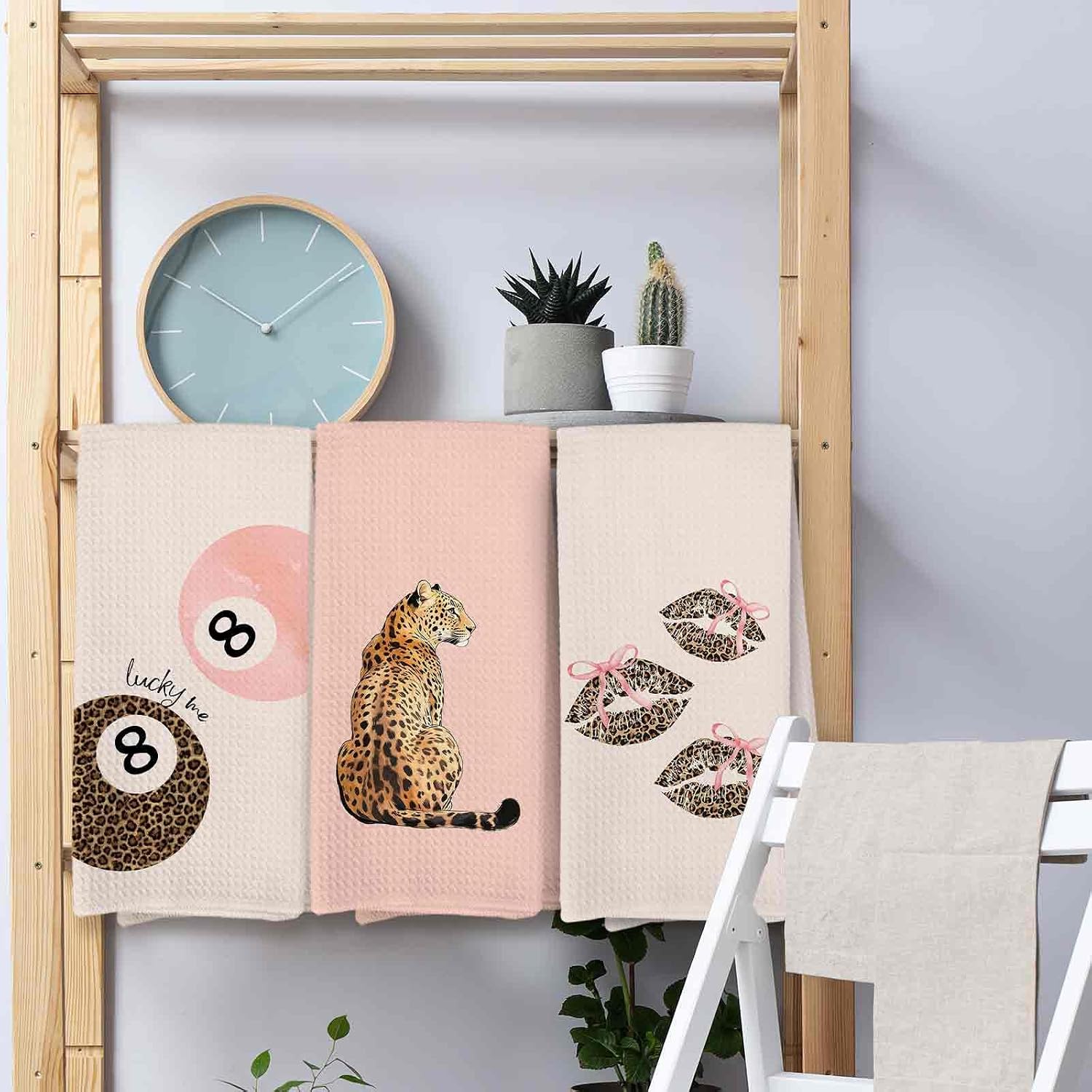 Pink Leopard Ktichen Towels Set of 3, Pink Leopard Cheetah Print Bathroom Decor, Preppy Cheetah 8 Ball Hand Towel for Bathroom