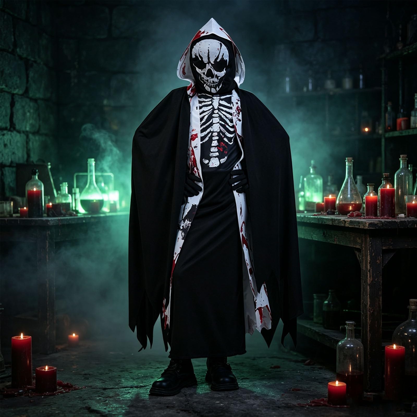 Costume di Halloween per bambini, costume da scheletro spaventoso, set di abbigliamento con vestaglia, mantello, maschera a teschio e guanti per Halloween, carnevale, cosplay e feste