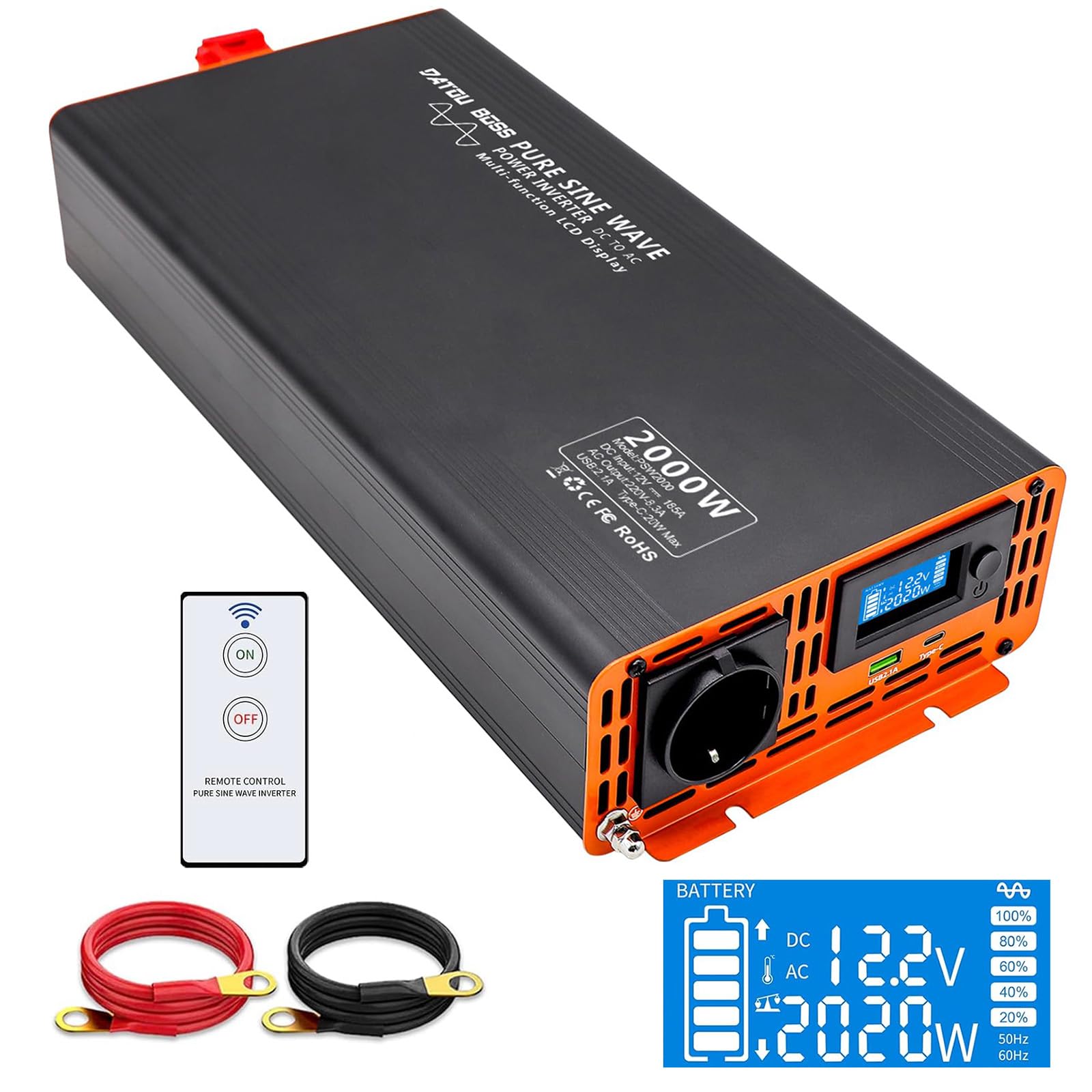 DATOUBOSS Inverter 12V 220V Onda Pura 2000W (4000W Picco) con Telecomando Wireless e Display LCD – Convertitore per Camper, Campeggio, Auto, Barche, Laptop e Frigorifero