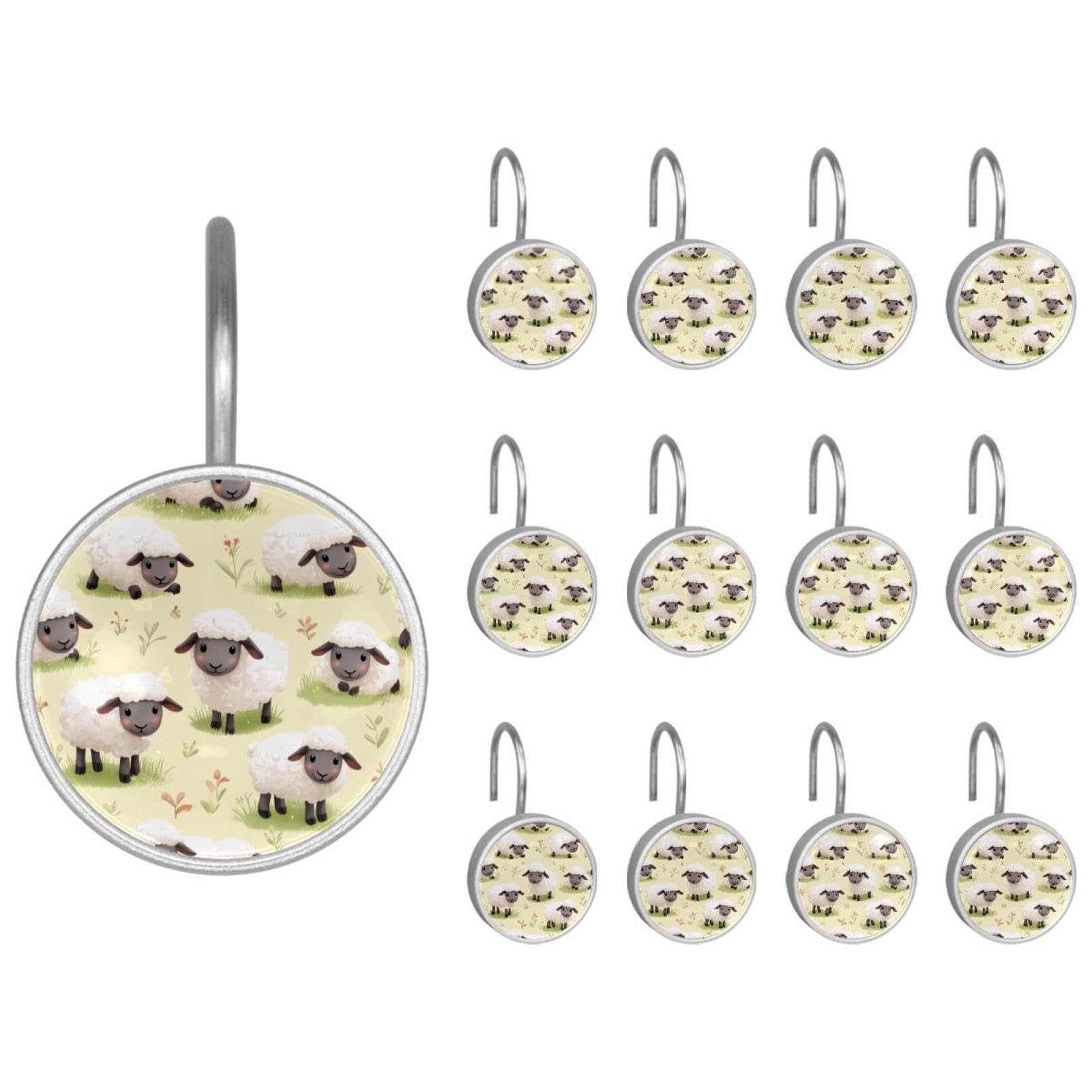 12pcs Glass Shower Curtain Hooks, Rust Resistant Decorative Shower Rings for Bathroom Living Room,Stainless Steel Hooks for Shower Curtain and Liner Rods (Playful Sheep Pattern)