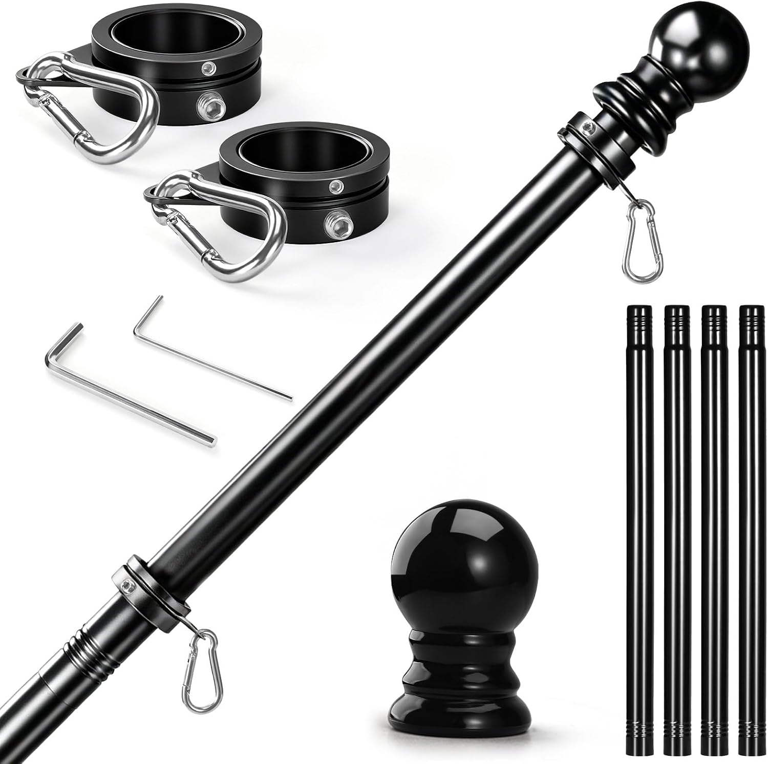 Anovo Flag Pole for Outside House - Stainless Steel 5 FT Flag Poles Kit with1 Inch Metal 360° Rotating Rustproof Flag Pole Rings for Outside House Porch 3x5 Flag Without Holder (5 FT-Black)
