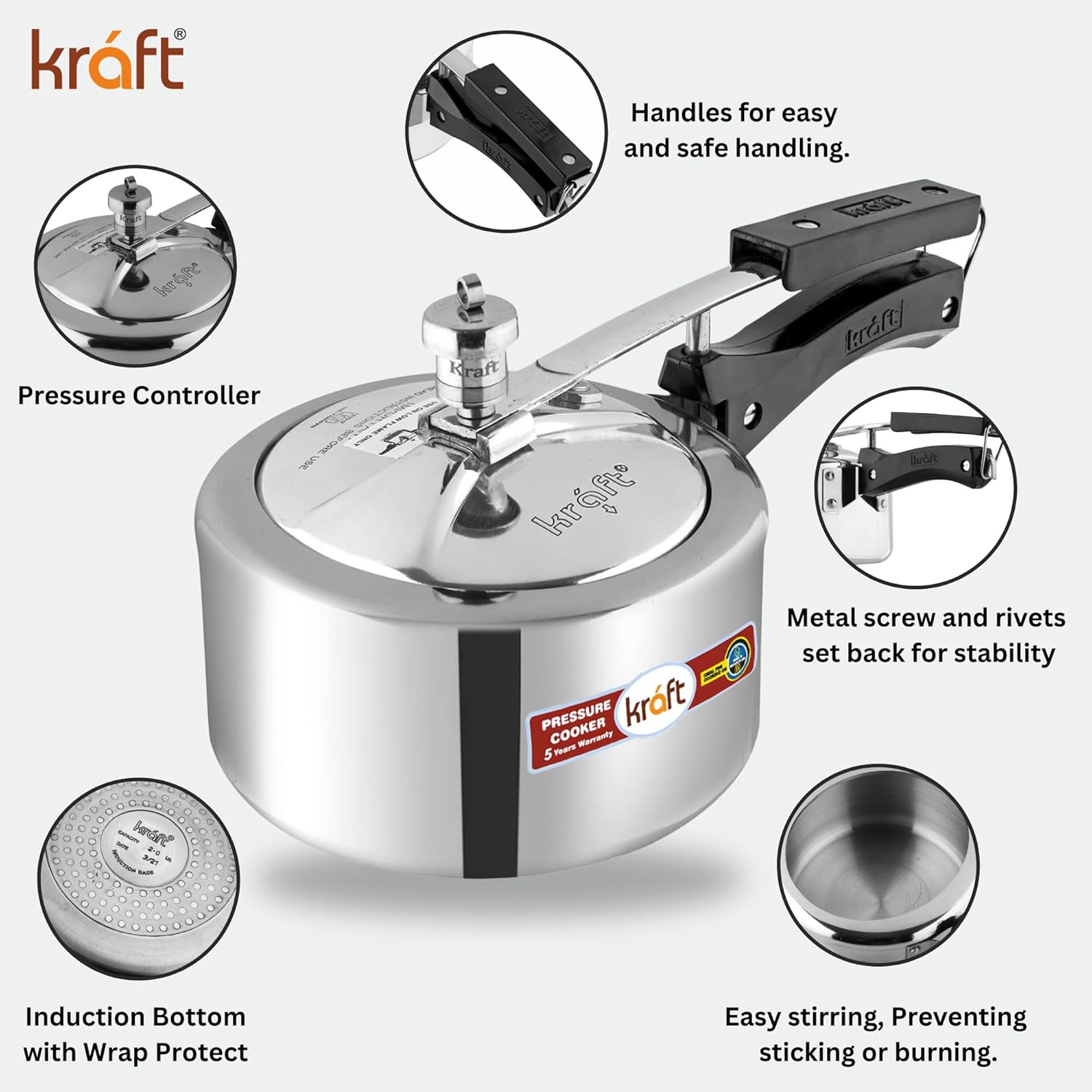 Diagram highlighting pressure controller, handles, metal screw and rivets, and induction bottom