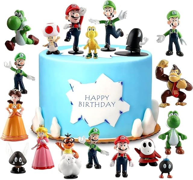 Super Mario Brothers Cake Toppers, Mario Figures Toys, Mario Birthday Cake Topper Cupcake Topper, Mario Cake Decorations for Kids Birthday Baby Shower Mario Theme Party Supplies (18pcs)
