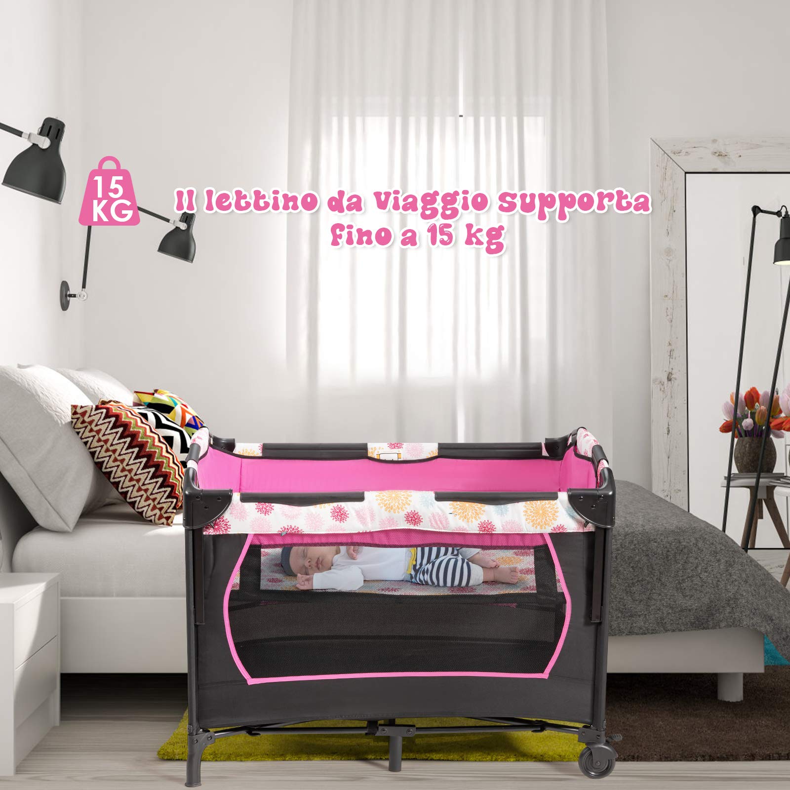 COSTWAY 3 in 1 Lettino da Campeggio per Bambini, Culla per Neonati con Materasso Pieghevole, Fasciatoio, Giocattoli e Ruote, Box per Bambini 0-36 Mesi, 107 x 72 x 119 cm (Rosa)