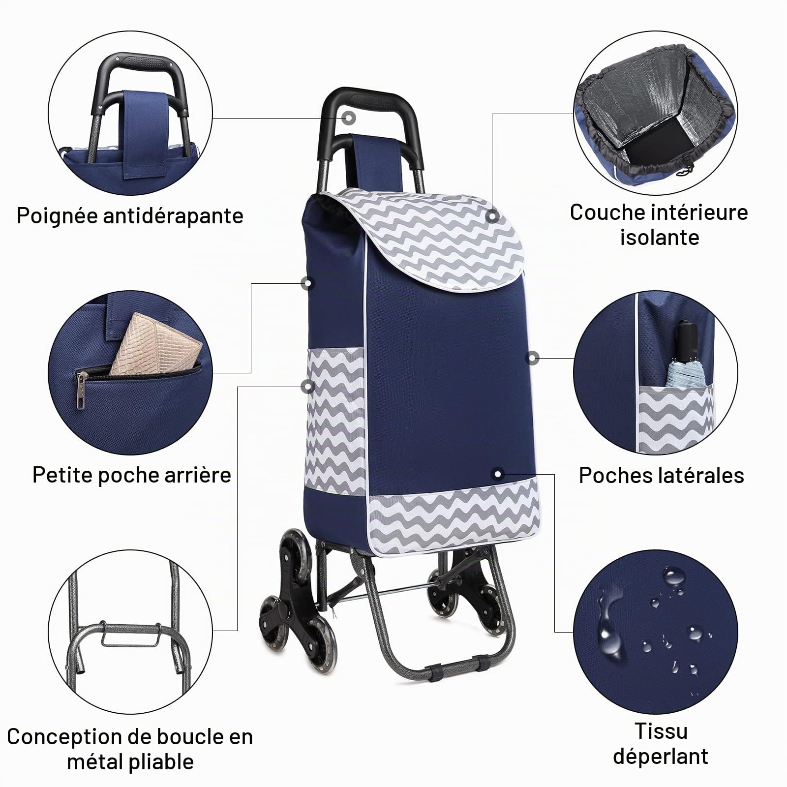 Kono Chariot de courses pliable, léger et étanche, chariot de courses 2 en 1 avec sac isotherme isotherme, chariot d'escalade d'escalier amovible pour courses (bleu marine)