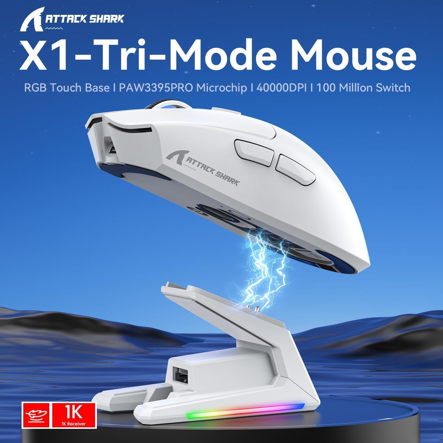 ATTACK SHARK X1 Tri-Mode Mouse with RGB Touch Base and PAW3395PRO Microchip